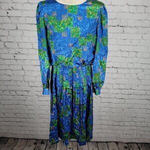 VTG Unbranded Blue Green Satin Puff Long Sleeve Buttoned Back Midi Dress Size 12